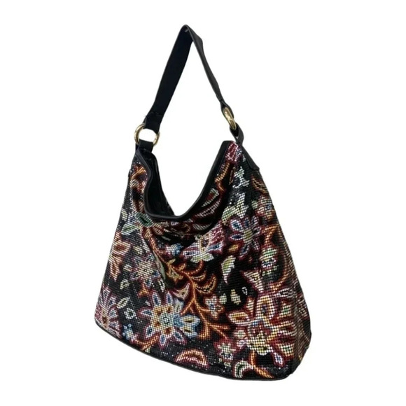 Whiting & Davis metal mesh shoulder bag floral print leather trim multicolor - Picture 2 of 16